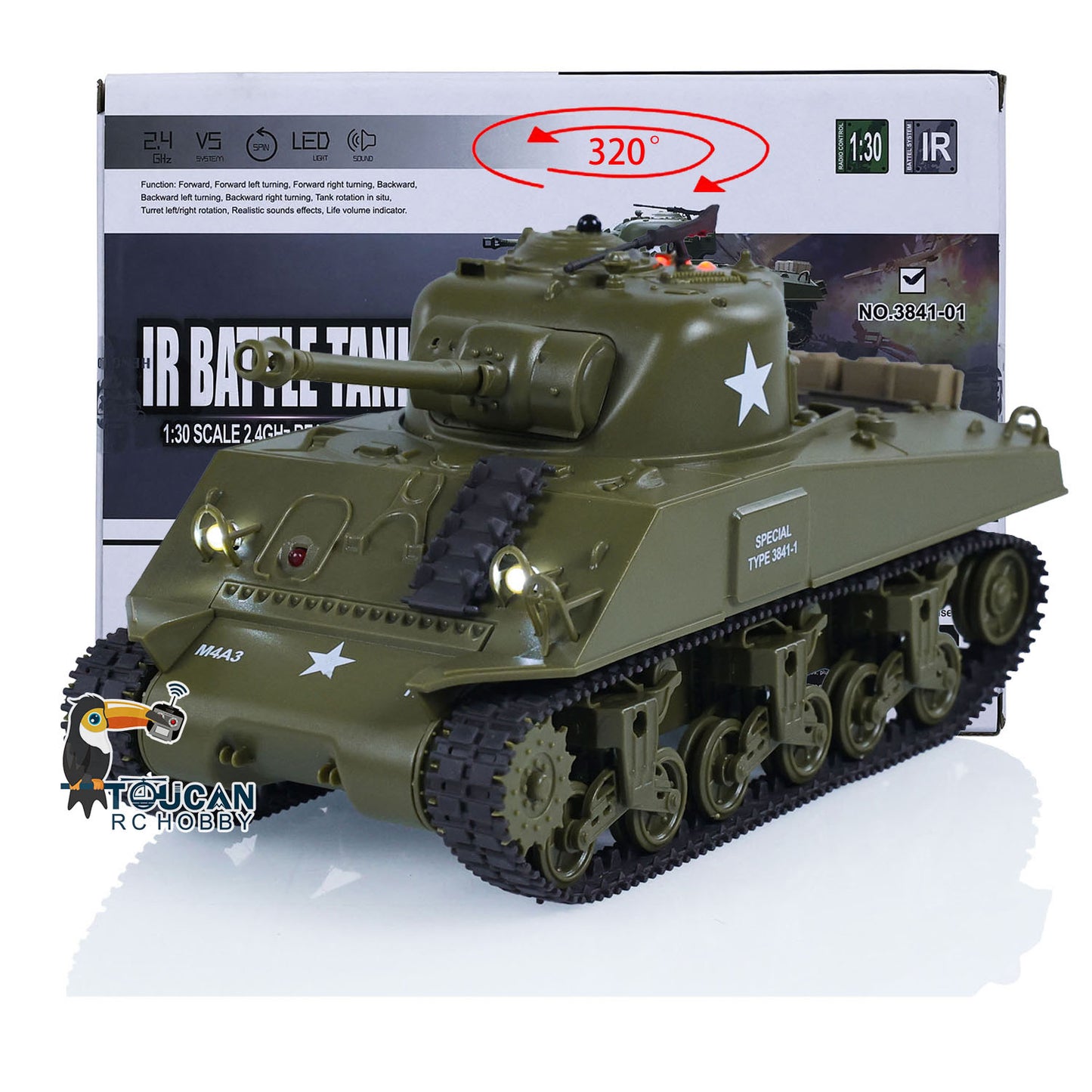 1/30 Heng Long Plastic RC Battle Tank Sherman M4A3 3841-01 2.4G Remote Control Panzer Military Vehicles Painted Assembled