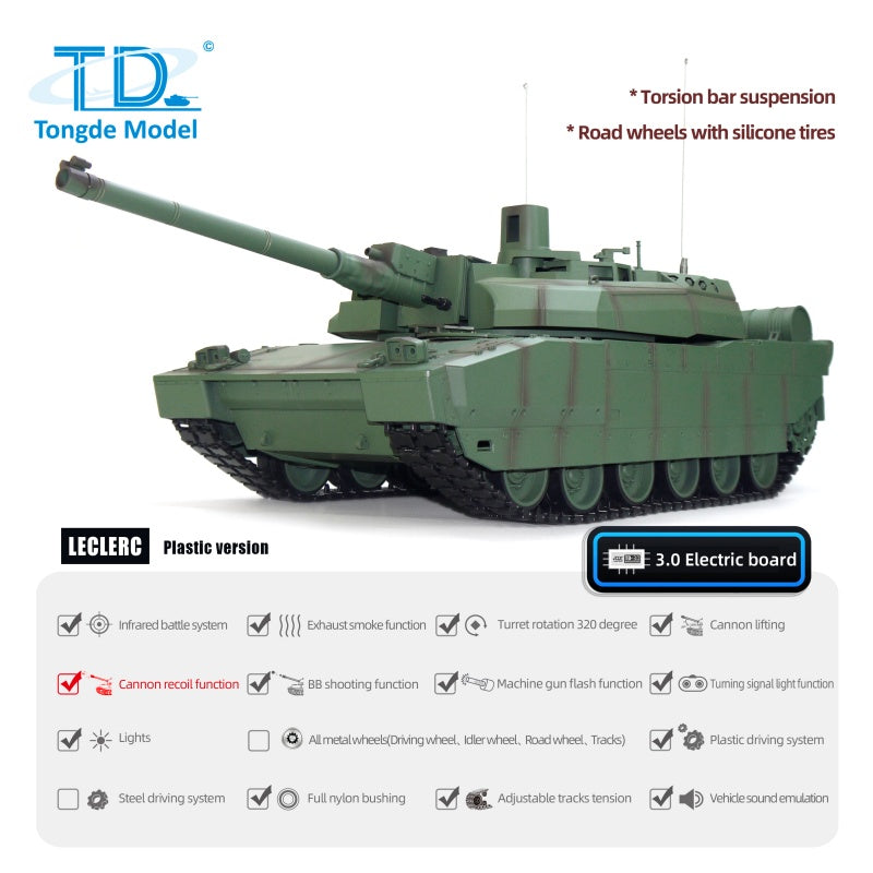 In Stock 1/16 Tongde RC Tank H2408 Leclerc Battle Tank RTR Infrared BB Shooting Barrel Recoil 320 Degree Electric Toy Model Battery