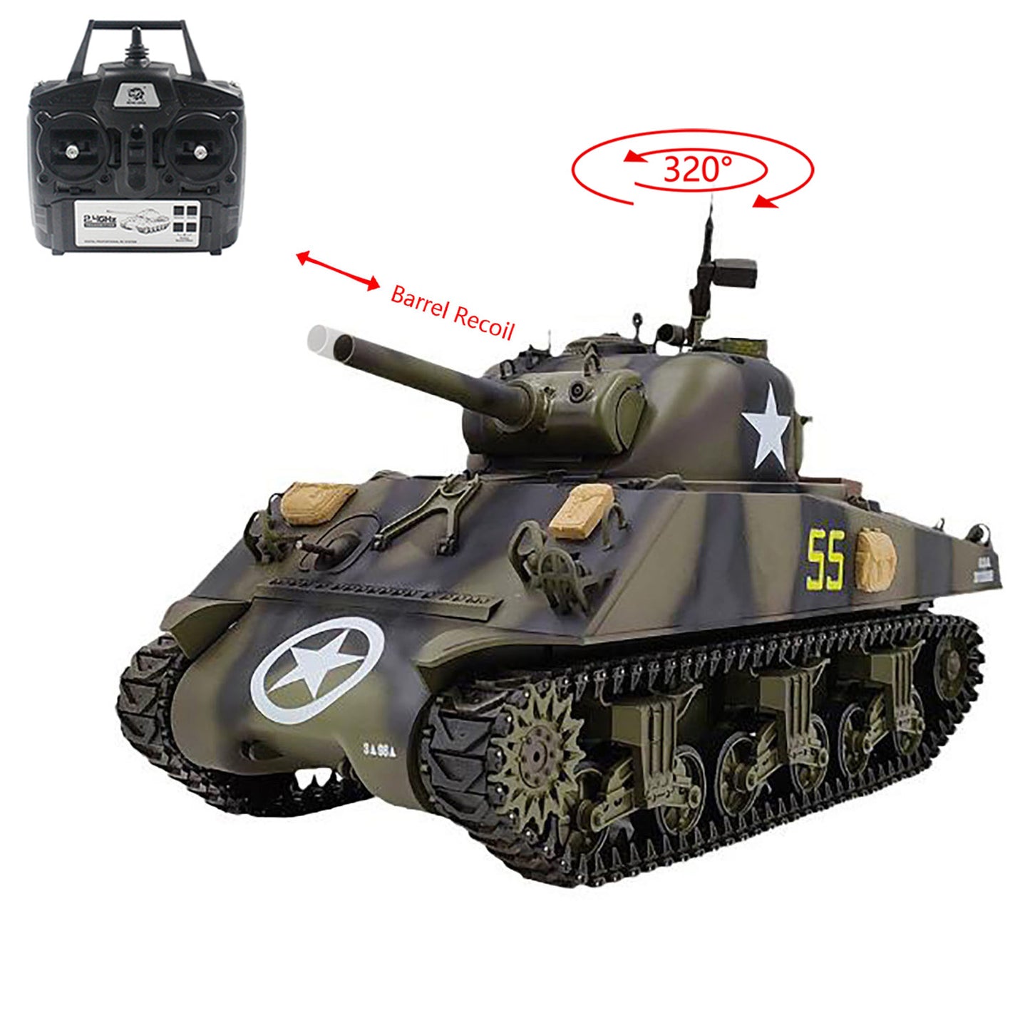 TOUCAN RC HOBBY Plastic Henglong 1/16 7.0 RC Tank M4A3 Sherman 3898 320 Degrees Turret Barrel Recoil BB IR Smoking Steel Gearbox Battery 2.4G Radio