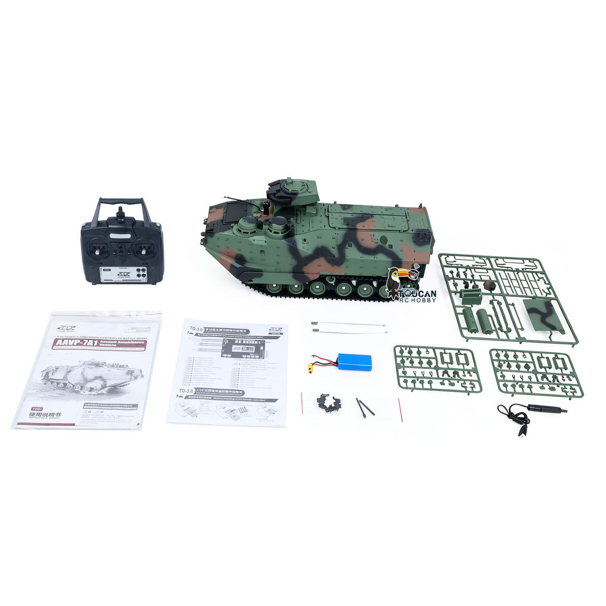 TOUCAN RC HOBBY Tongde AAV-7A1 1/16 RC Armored Vehicle TD3.0 Infrared Combat Tanks 320 Degrees Rotating Gun Underwater Thruster Smoke Sound LED Lights