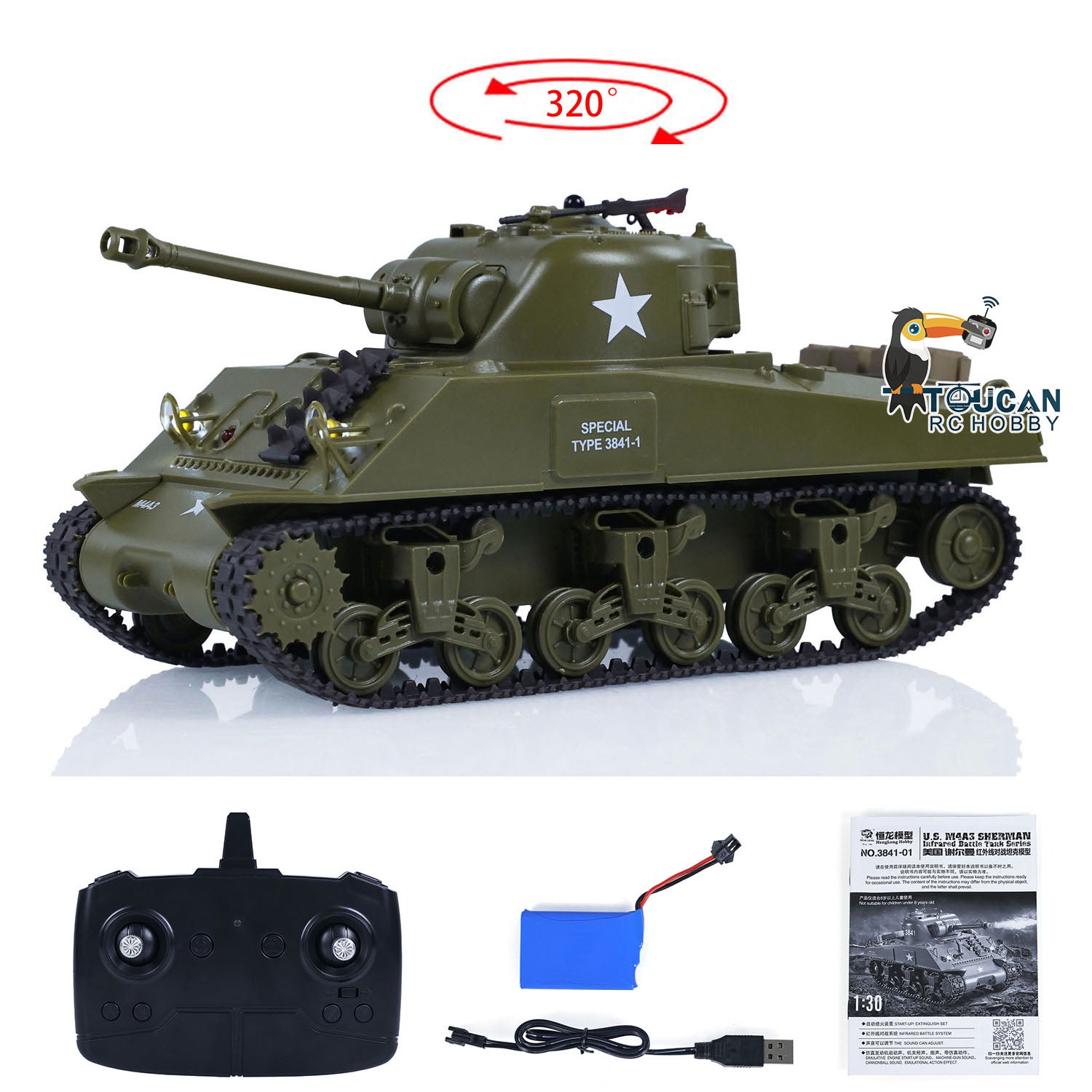 1/30 Heng Long Plastic RC Battle Tank Sherman M4A3 3841-01 2.4G