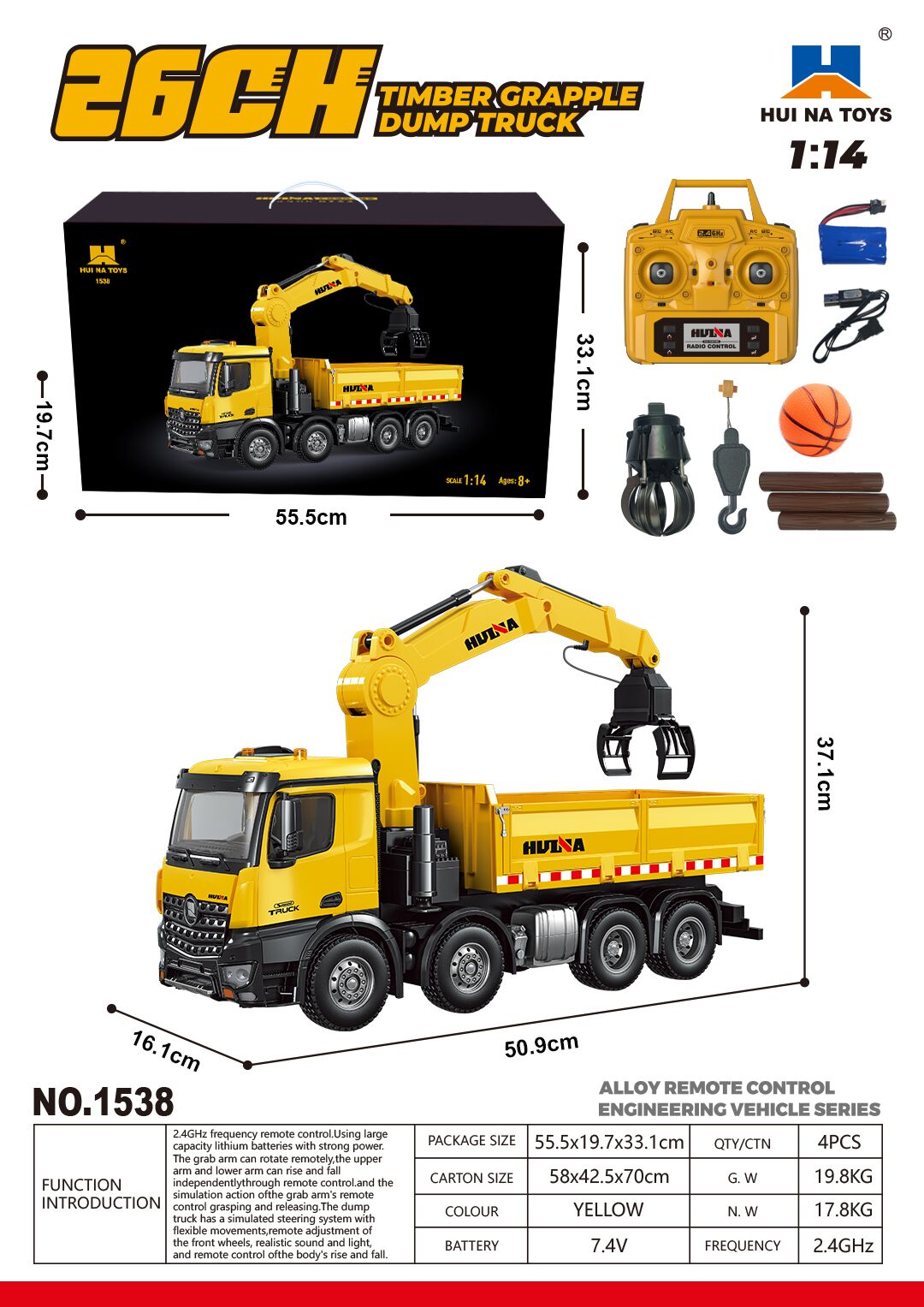 Pre-order US Stock HUINA 1538 1/14 RC Timber Grab Truck Dumper Remote Control Model Toy Vehicles 2.4G Radio Battery Electric Car