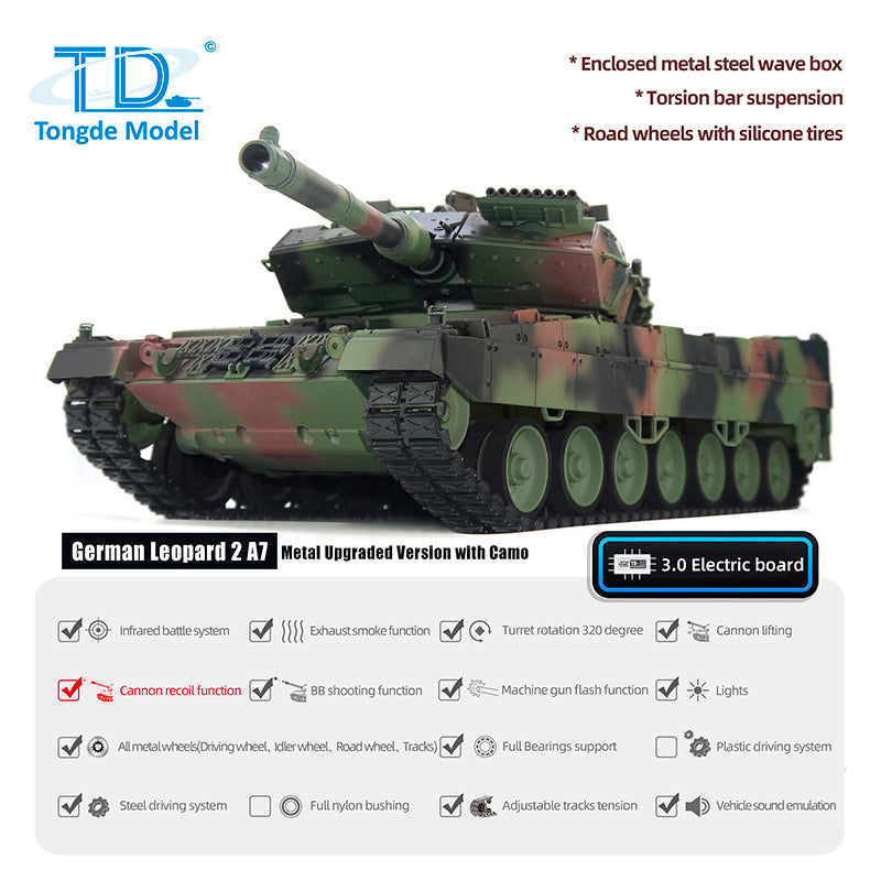 1/16 Tongde RC Battle Tank German Leopard 2A7 Remote Control Military Panzer 320 Rotation Barrel Recoil BB Shooting DIY Hobby Model