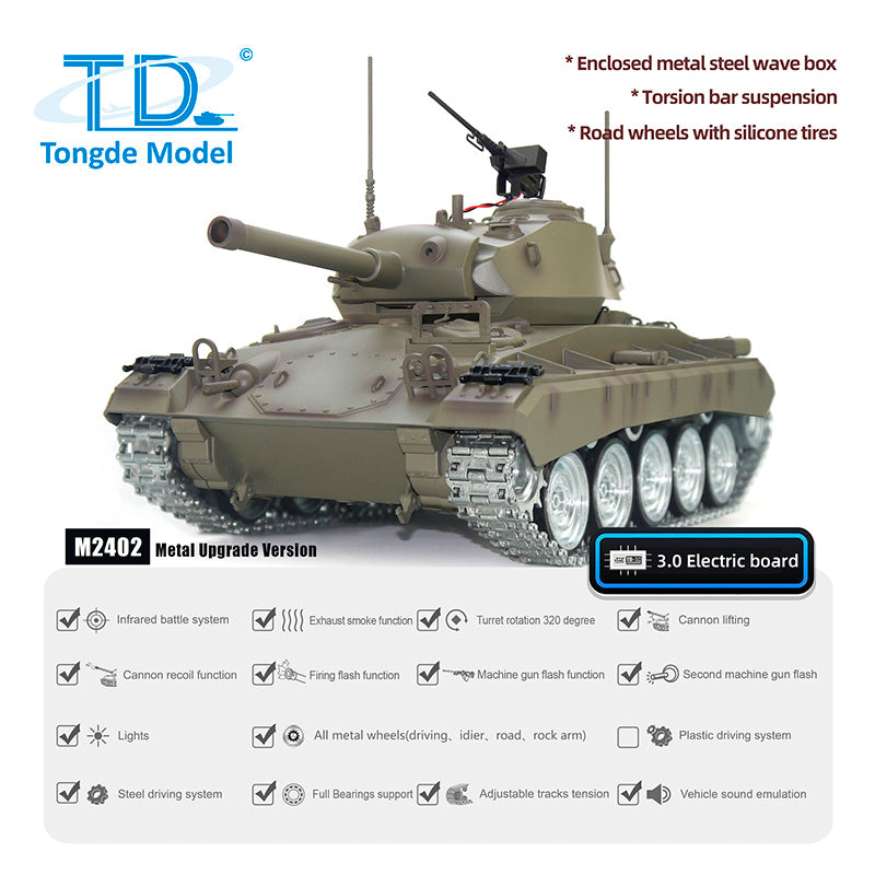 Tongde M24 Chaffee 1/16 RC Light Tank Infrared Combating System Military Model Barrel Recoil Metal Upgraded Wheels Gearbox 320