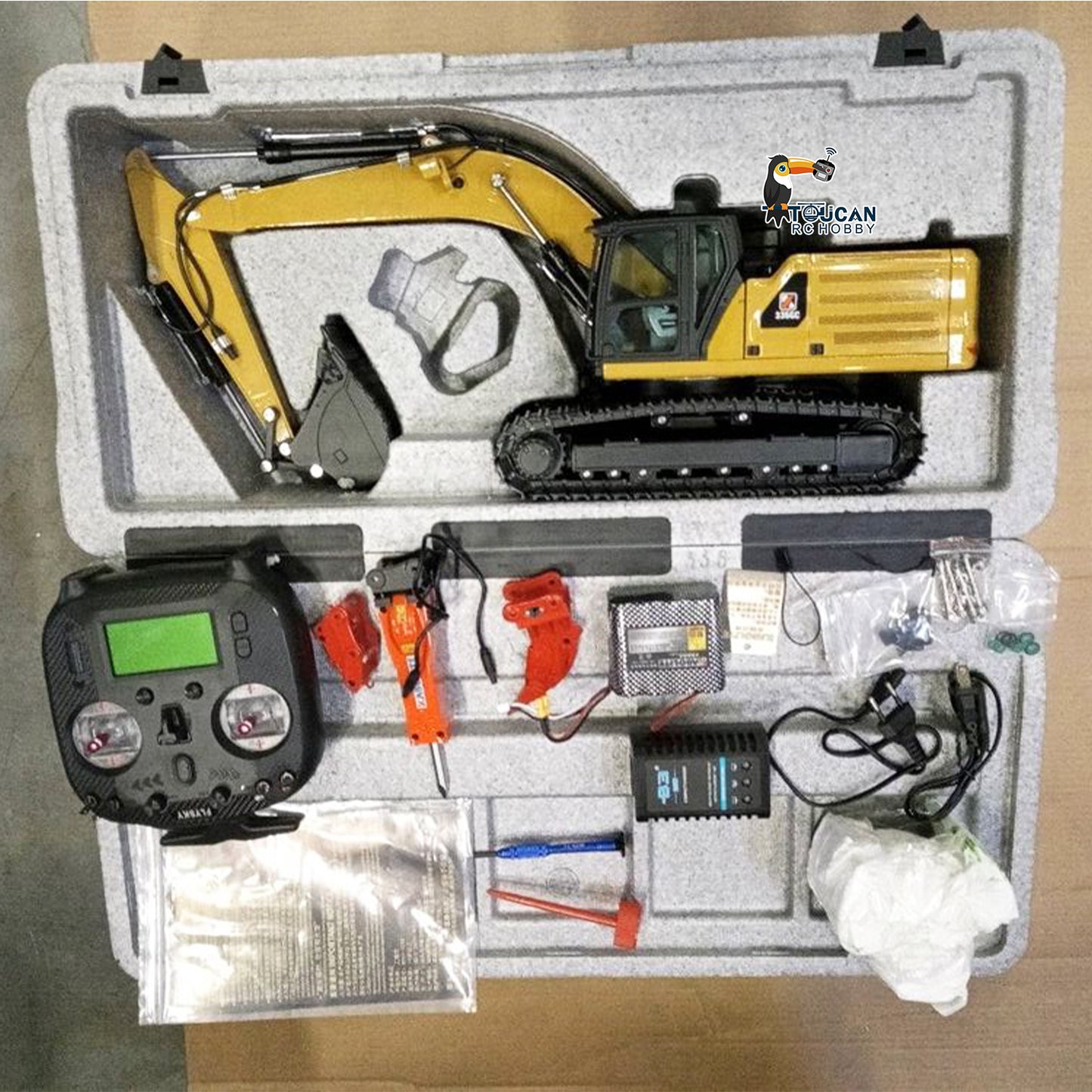 Used 1/18 scale Kabolite K961 100S PRO RTR RC hydraulic excavator remote control digger with Flysky ST8 radio, 2S battery, electric grapple and hydraulic hammer, fast free shipping