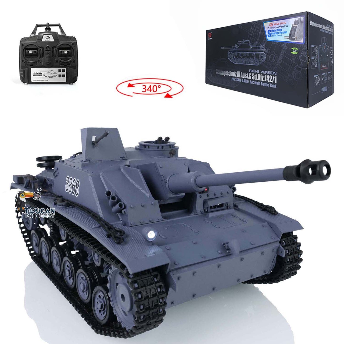 US Stock 2.4Ghz Henglong 1/16 Scale 7.0 Plastic German Stug III RTR RC Tank Model 3868 Smoke Unit Sound BB Shooting Unit IR