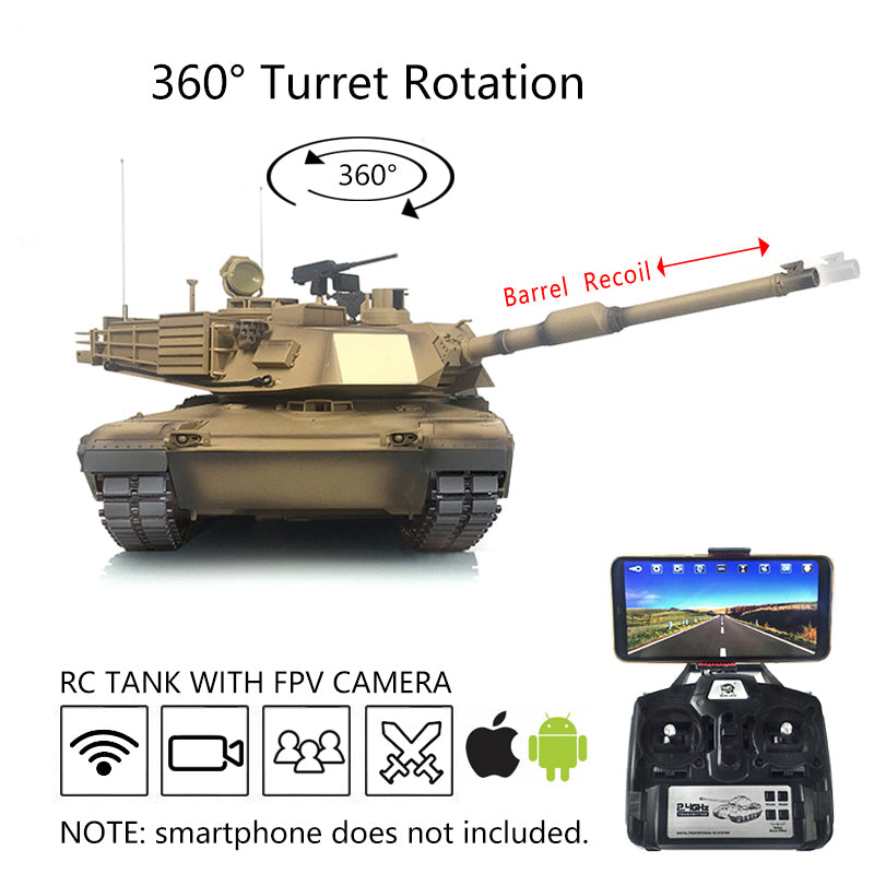 Henglong 1:16 Scale 7.0 Upgraded FPV M1A2 Abrams RTR RC Tank 3918 360Degrees Turret Barrel Recoil Metal Tracks Idlers Sprockets