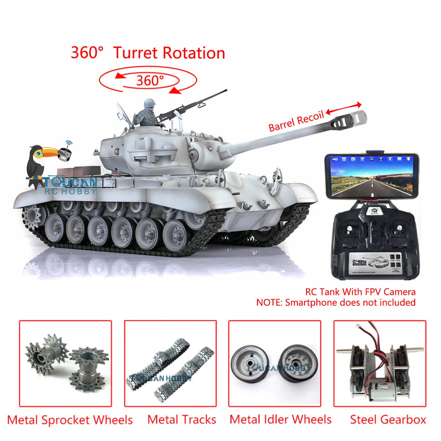 Henglong 1/16 Upgraded Radio Control Tank 3838 M26 Pershing w/ FPV Barrel Recoil 360Degrees Rotating Turret Metal Tracks Sound Effect