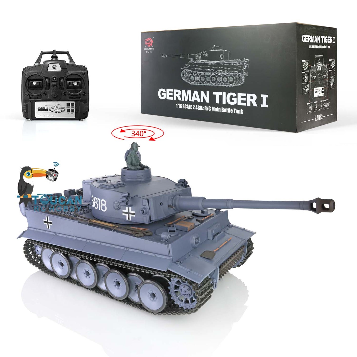 US Stock 2.4Ghz Henglong 1:16 Scale 7.0 Plastic Ver German Tiger I RTR RC Tank 3818 Model Speaker Smoke Unit Battery Charger