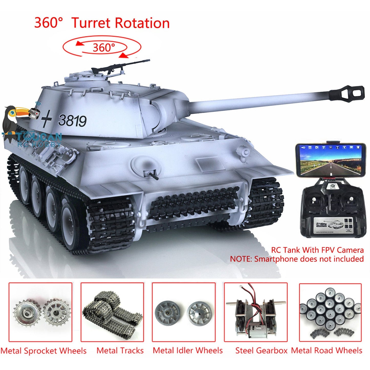 Henglong 1/16 7.0 RC Tank Panther 3819 w/ FPV 360Degrees Rotating Turret Metal Tracks Road Wheels Steel Gearbox Engine Sound Smoking