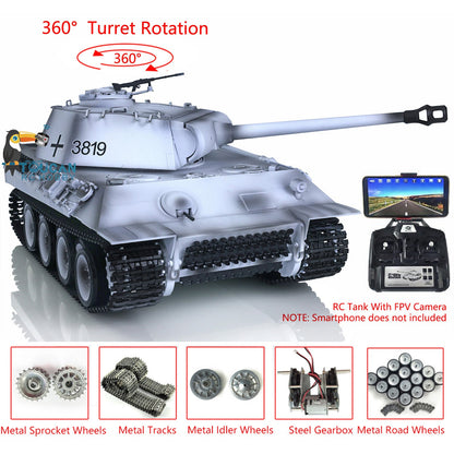 Henglong 1/16 7.0 RC Tank Panther 3819 w/ FPV 360Degrees Rotating Turret Metal Tracks Road Wheels Steel Gearbox Engine Sound Smoking
