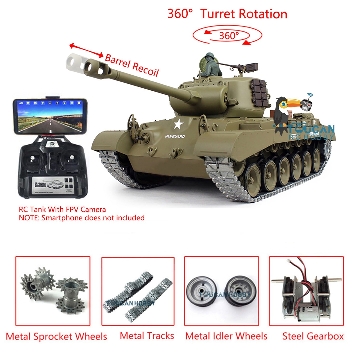 Henglong 1/16 Upgraded Radio Control Tank 3838 M26 Pershing w/ FPV Barrel Recoil 360Degrees Rotating Turret Metal Tracks Sound Effect