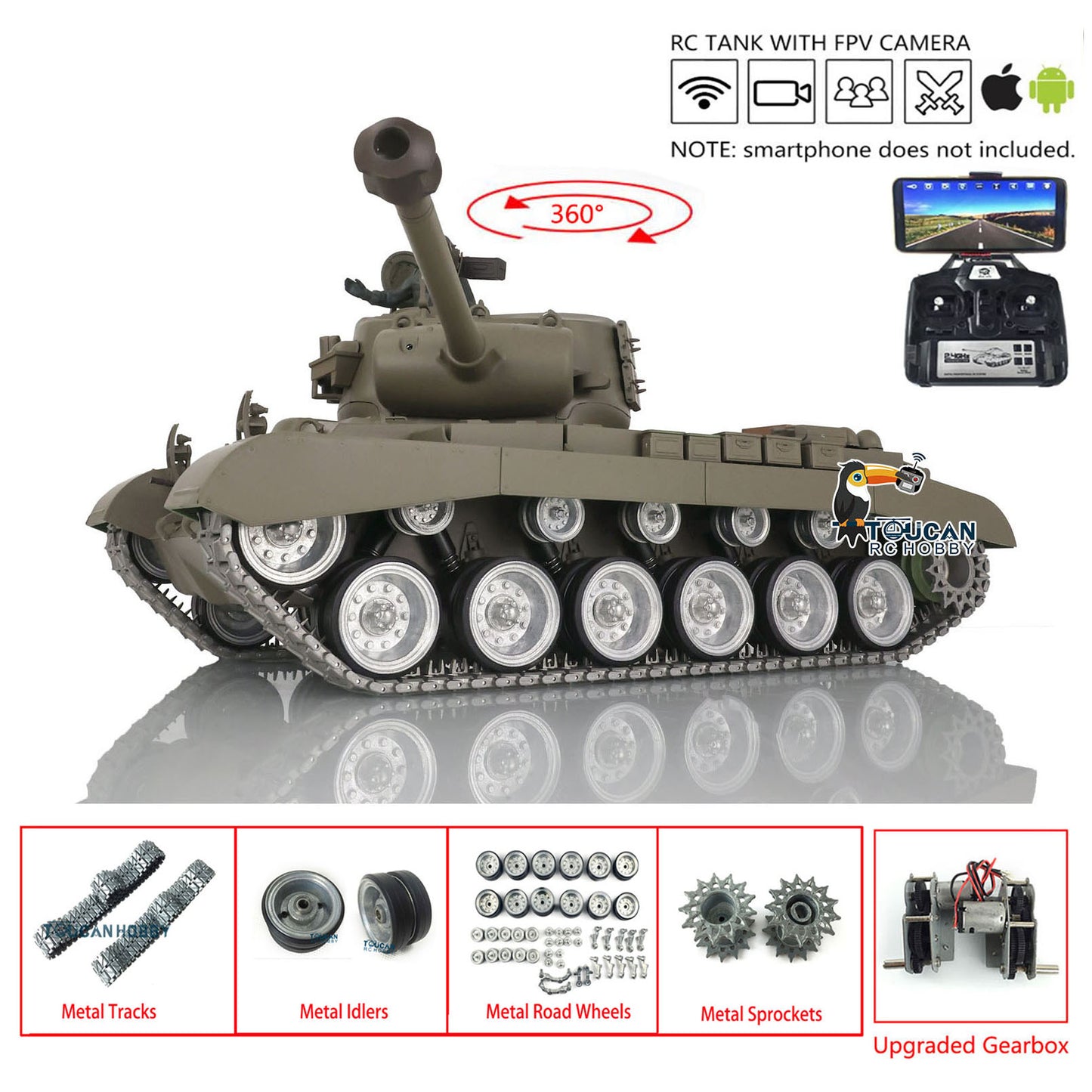 Henglong 1/16 Radio Control Tank 3838 USA M26 Pershing w/ FPV 360Degrees Rotating Turret Engine Sound Metal Road Wheels on RC Tank