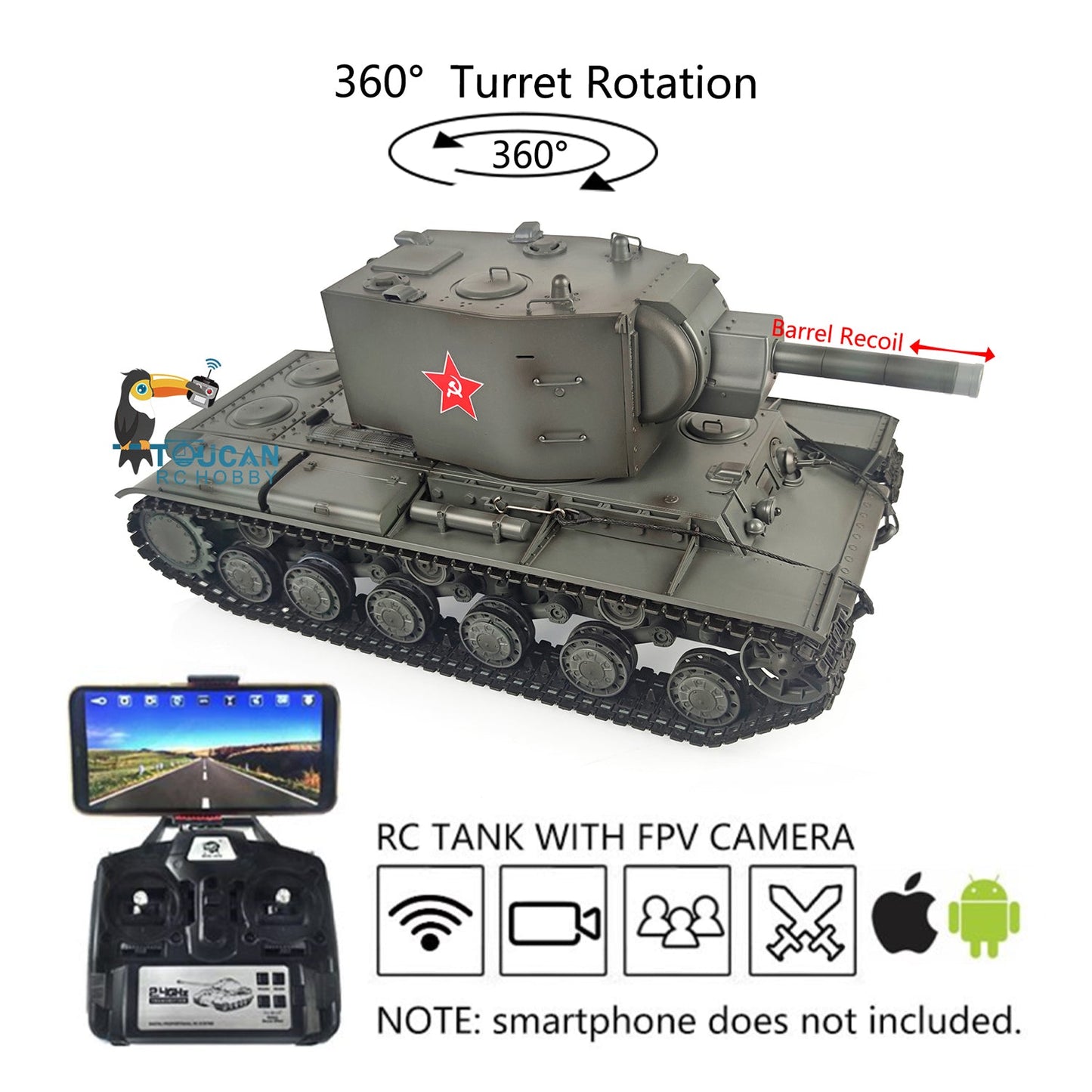 Henglong 1/16 Soviet KV-2 RTR RC Tank Gigant 7.0 FPV 3949 360Degrees Turret Barrel Recoil Steel Driving Gearbox Battery Transmitter
