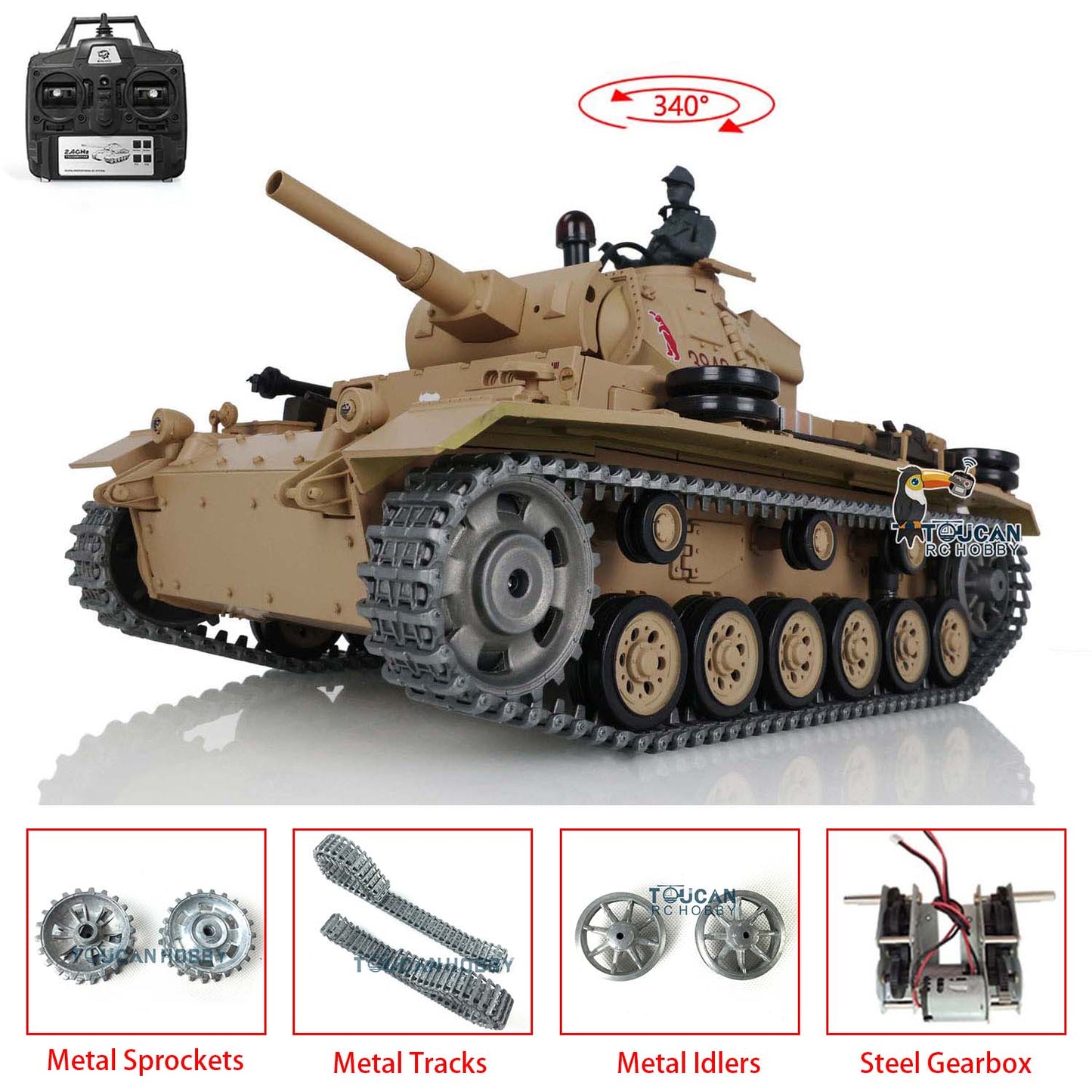 US Stock 1/16 Henglong 7.0 Upgraded German Panzer III H RTR RC Tank Model 3849 Metal Tracks 340 Degree Turret IR BB Shooting Unit
