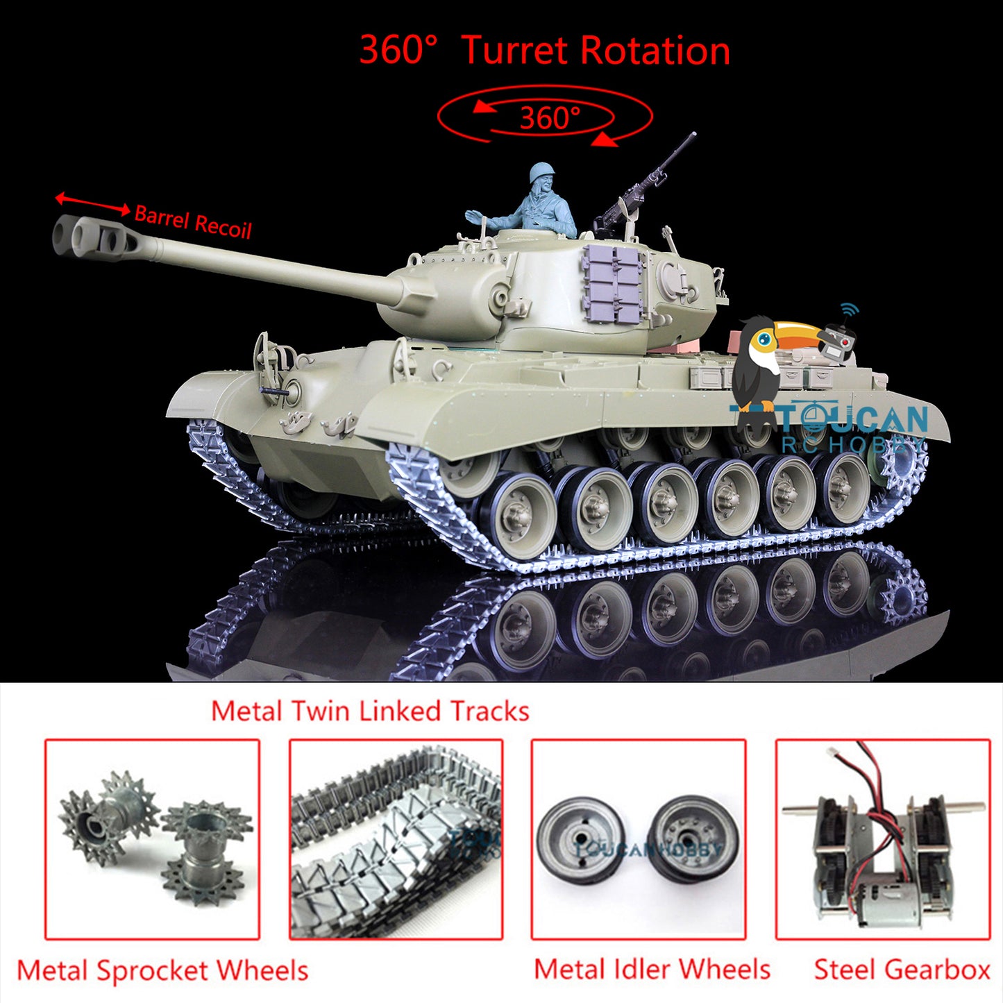 Henglong 1/16 7.0 Upgraded RC Tank 3838 USA M26 W/ Barrel Recoil 360Degrees Rotating Turret Metal Tracks w/ Double Rubber Pad Smoking