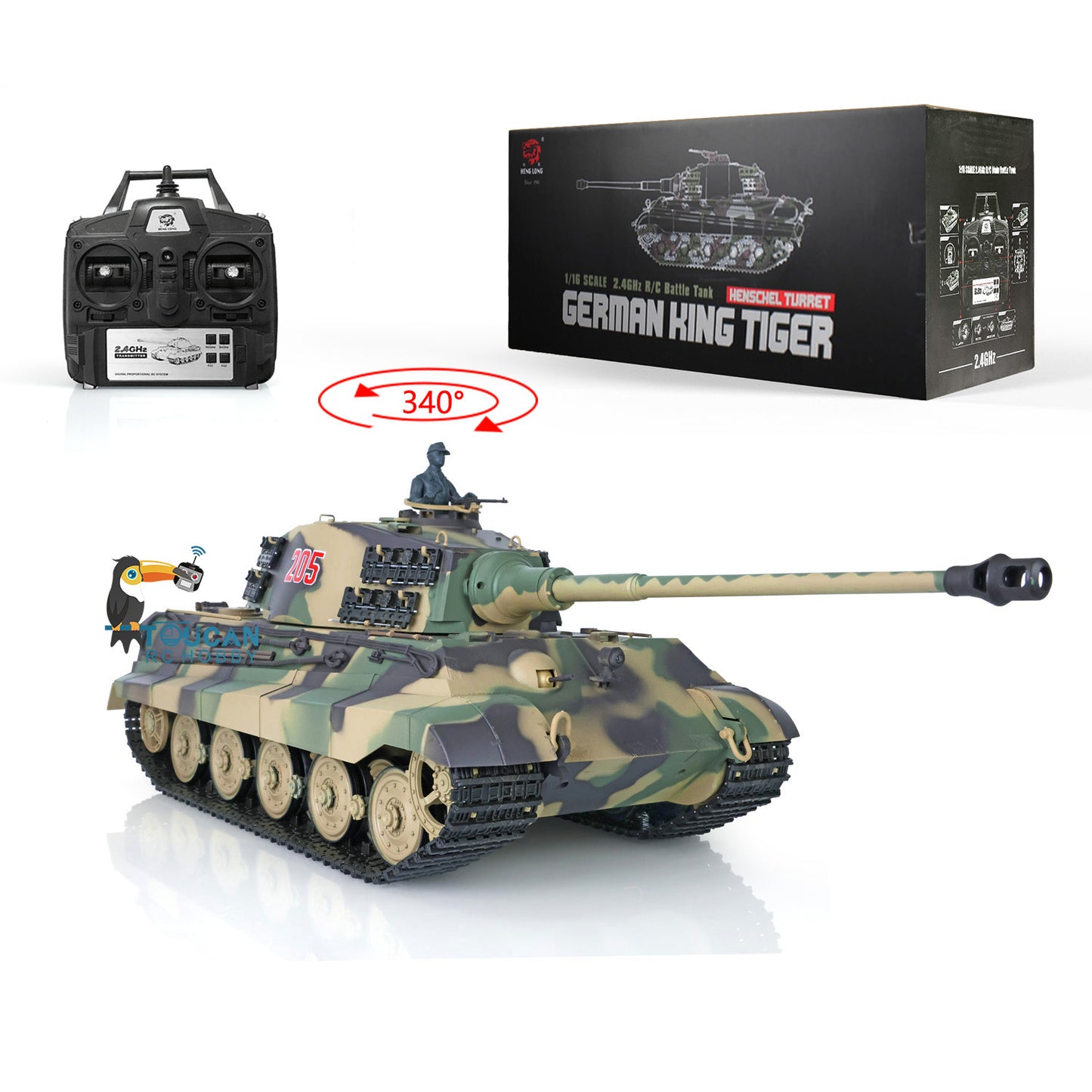 US Stock Henglong 1/16 Scale 7.0 German King Tiger RTR RC Tank Model 3888A 340 Degree Turret Smoke Gearbox Plastic Tracks Wheels