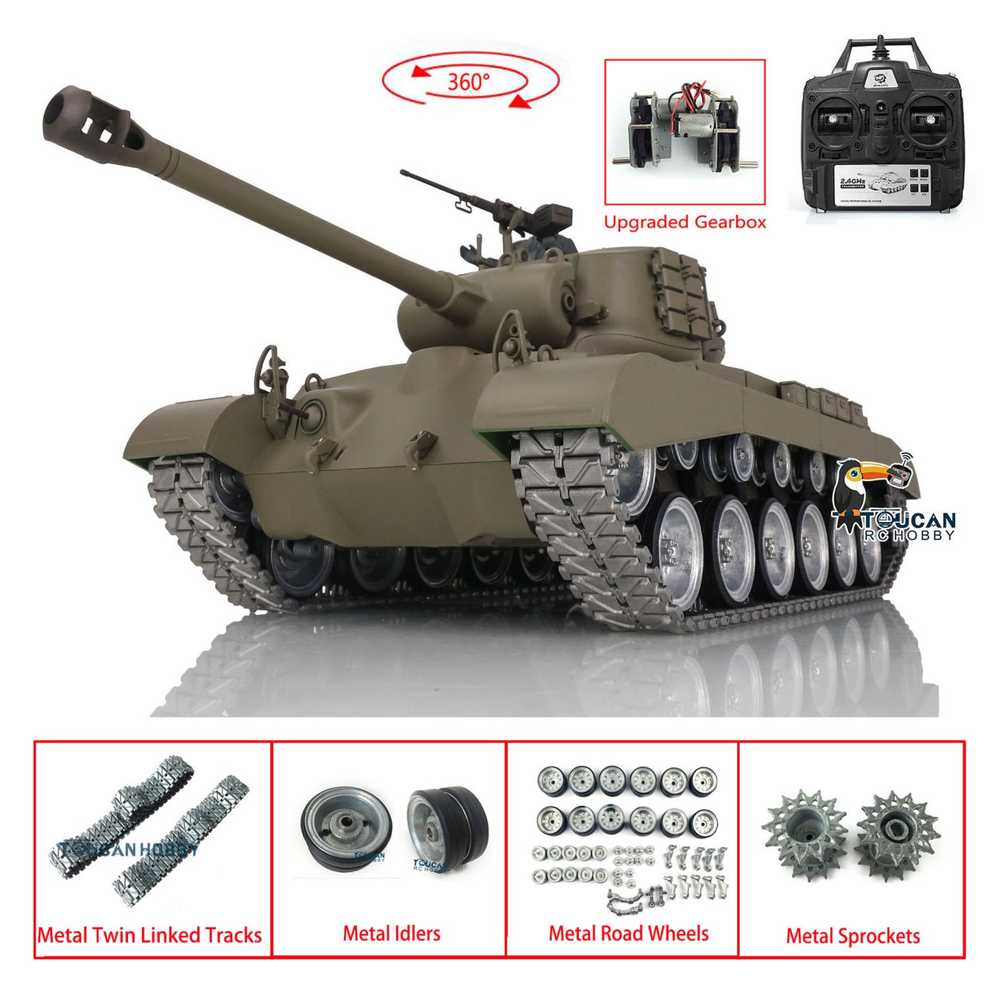 Henglong 1/16 7.0 M26 RTR RC Tank 3838 w/ Metal Tracks w/ Double Rubber Pad 360Degrees Rotating Turret Metal Idler Sproket Road Wheels