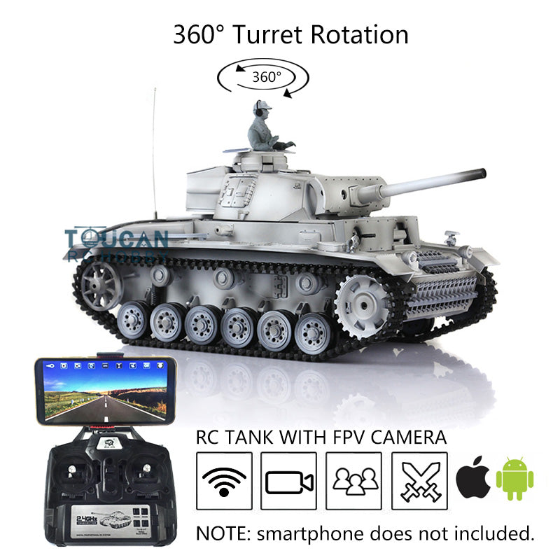 Henglong 1/16 RC Tank 7.0 Plastic Panzer III L 3848 Remote Control Tank w/ 360Degrees Rotating Turret FPV Steel Gearbox Smoking