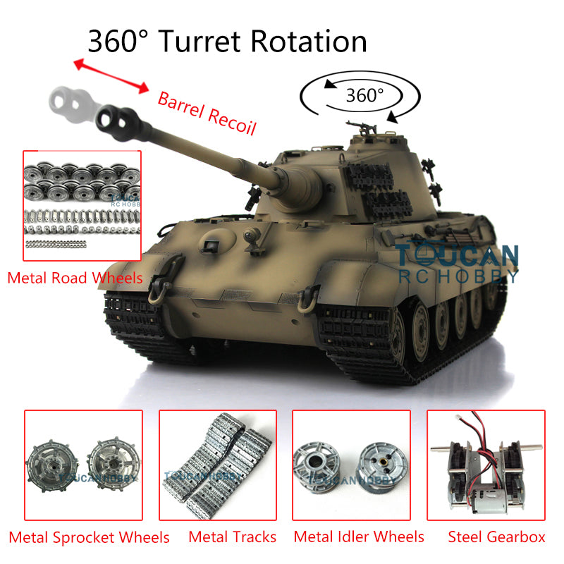 Henglong 1/16 RC Tank 3888A 7.0 King Tiger Remote Control Tank w/ 360Degrees Rotating Turret Metal Road Wheel Barrel Recoil Engine Sound