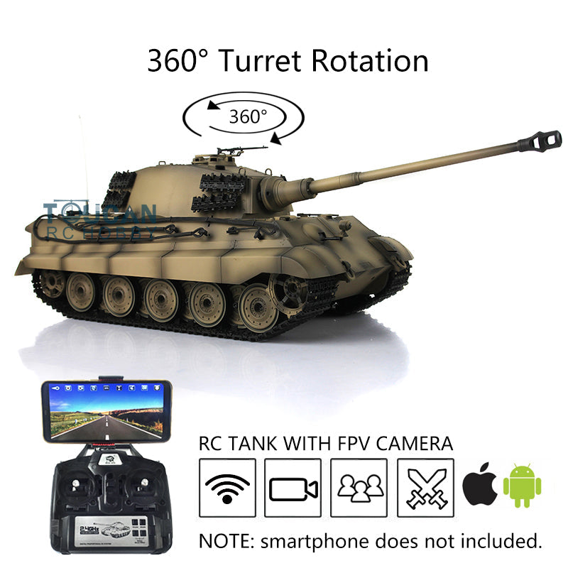 Henglong 1/16 RC Tank 3888A 7.0 Upgraded King Tiger Radio Control Tank w/ FPV 360Degrees Rotating Turret Metal Track Idler Sproket Wheel