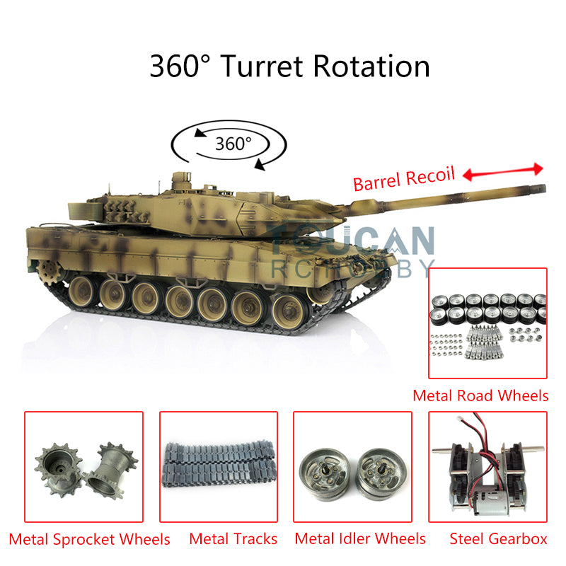 Henglong 1/16 7.0 Customized Leopard2A6 RC Tank 3889 w/ Metal Tracks Road Wheels Barrel Recoil 360Degrees Rotating Turret Engine Sound