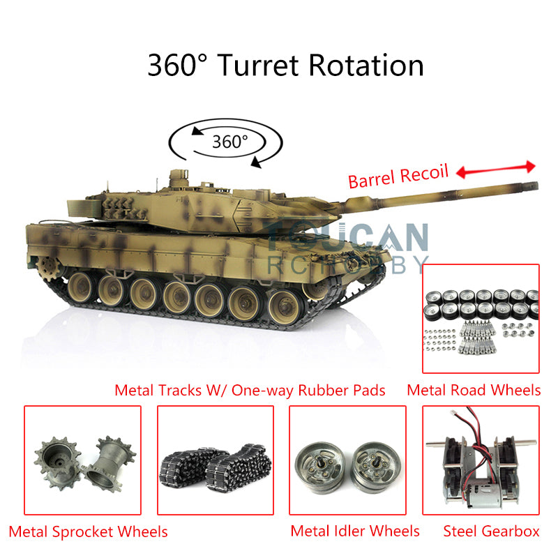 Henglong Military Tank 1/16 TK7.0 Leopard2A6 RC Tank Upgraded 3889 Barrel Recoil 360 Rotating Turret Metal Tracks W/ Rubber Pad