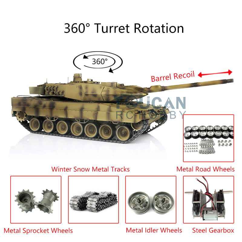 Heng Long Remote Control Tank 1/16 TK7.0 Leopard2A6 3889 Barrel Recoil Metal Track W/ Linkages Driving Gearbox 360 Rotating Turret