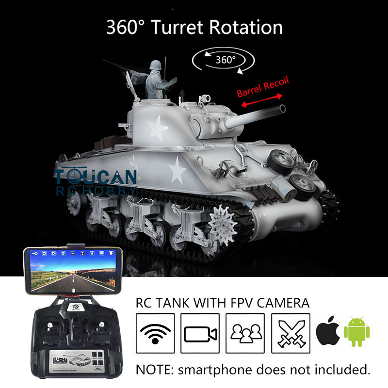 Henglong 1/16 7.0 Plastic M4A3 Sherman RC Tank 3898 w/ 360Degrees Rotating Turret FPV Barrel Recoil Steel Gearbox Smoking Gift for Boys