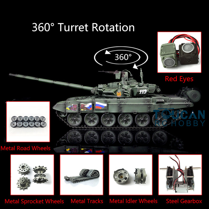 Henglong 2.4Ghz Russian T90 1/16 7.0 RTR RC Tank Model 3938 Red Eyes 360Degrees Turret Metal Tracks Idlers Sprockets Road Wheels