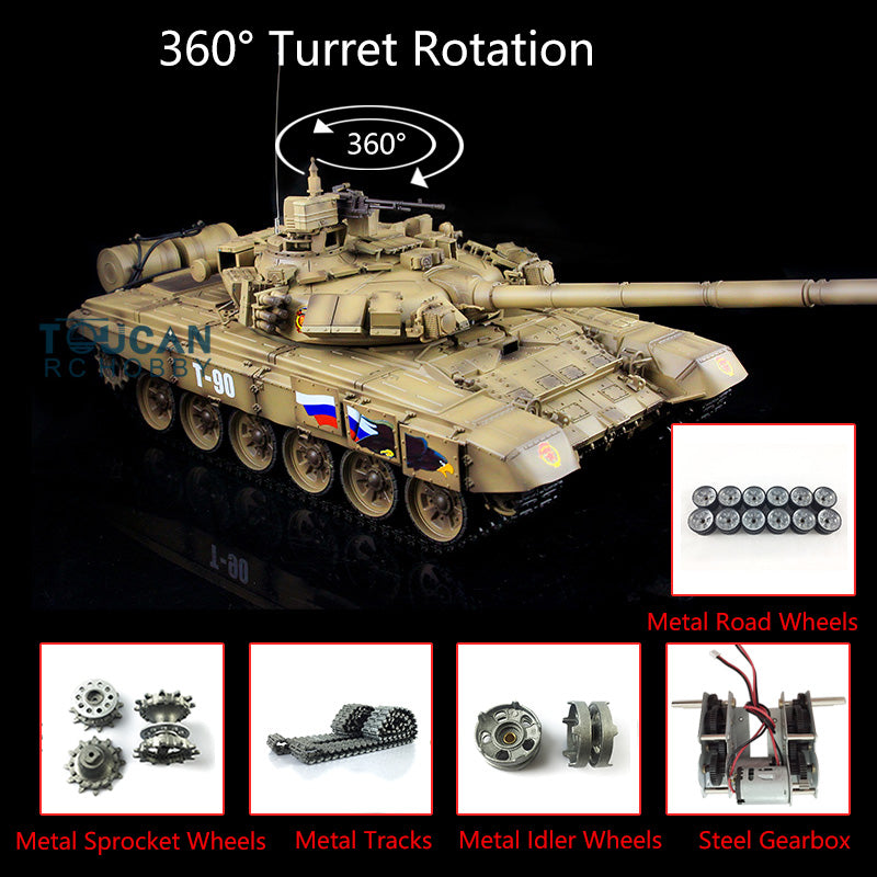 Henglong 7.0 Customized Russian T90 1/16 RC Tank RTR 3938 Model 360Degrees Turret Metal Tracks Wheels Steel Gearbox Speaker