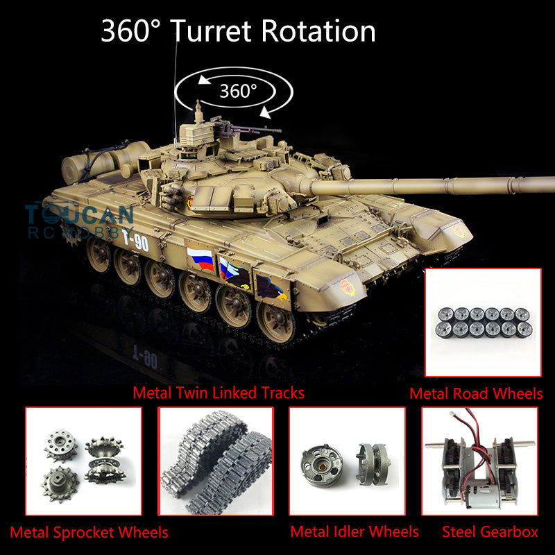 Henglong 7.0 Russian T90 1/16 RC Tank RTR 3938 Model 360Degrees Turret Metal Tracks W/ Linkages Wheels Steel Gearbox Battery Charger