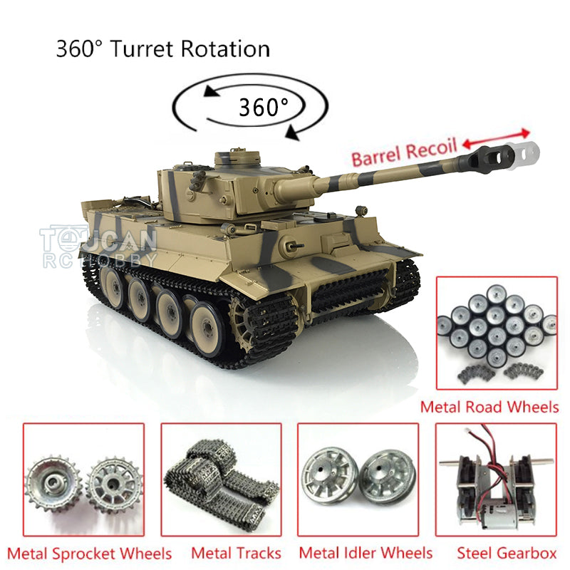 Henglong 1/16 Tiger I RC Tank 3818 7.0 w/ 360Degrees Rotating Turret Metal Idler Sproket Road Wheels Barrel Recoil Smoking Gearbox