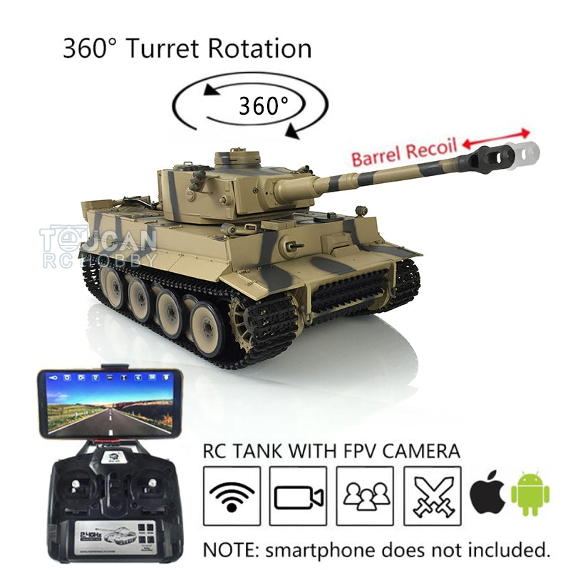Henglong RTR RC Tank 1/16 Scale 7.0 Upgraded Tiger I 3818 w/ 360Degrees Rotating Turret Barrel Recoil FPV Metal Idler Sproket Tracks