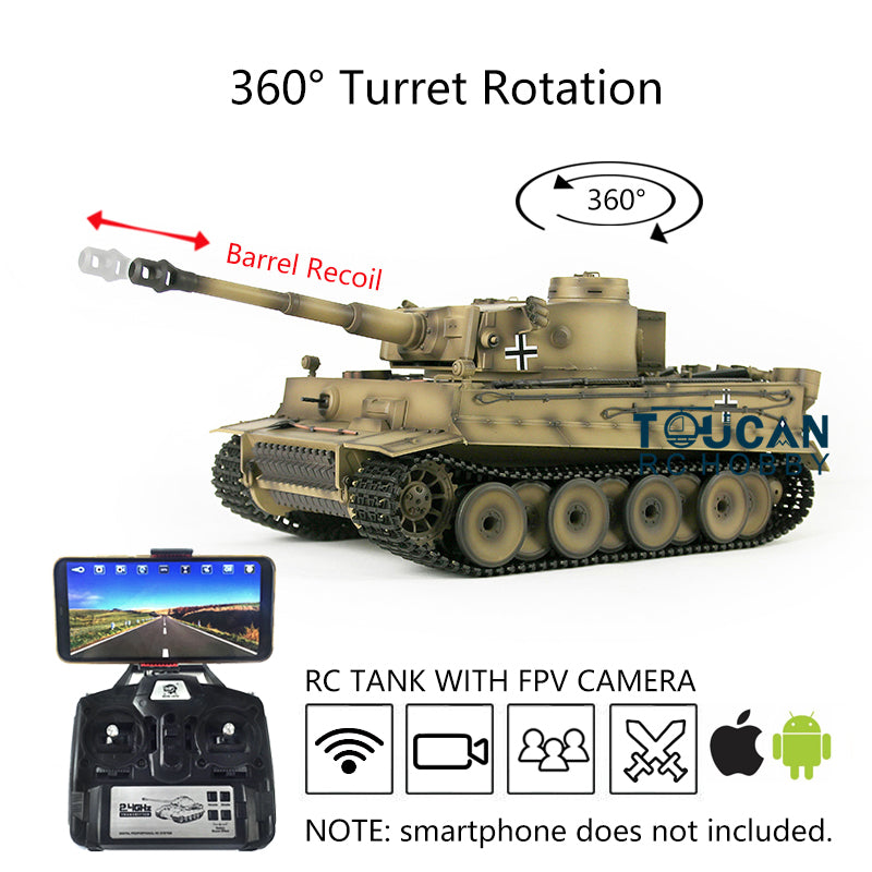 Henglong 1/16 7.0 Plastic Tiger I RC Tank 3818 w/ 360Degrees Rotating Turret Barrel Recoil FPV Phone Holder Steel Gearbox Engine Sound