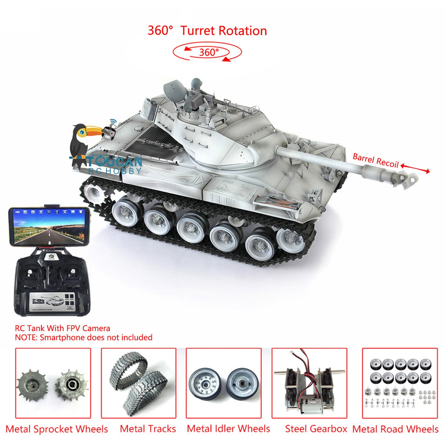 Henglong 1/16 Customized RC Tank 3839 Walker Bulldog RTR Tank w/ Barrel Recoil 360Degrees Rotating Turret FPV Phone Holder Sound Effect