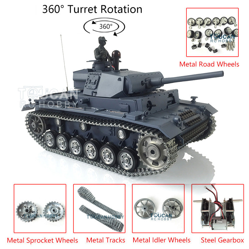US Stock Henglong 1/16 7.0 Customized German Panzer III L RTR RC Tank 3848 Metal Tracks Wheels 360 Degree grees Turret Battery Transmitter