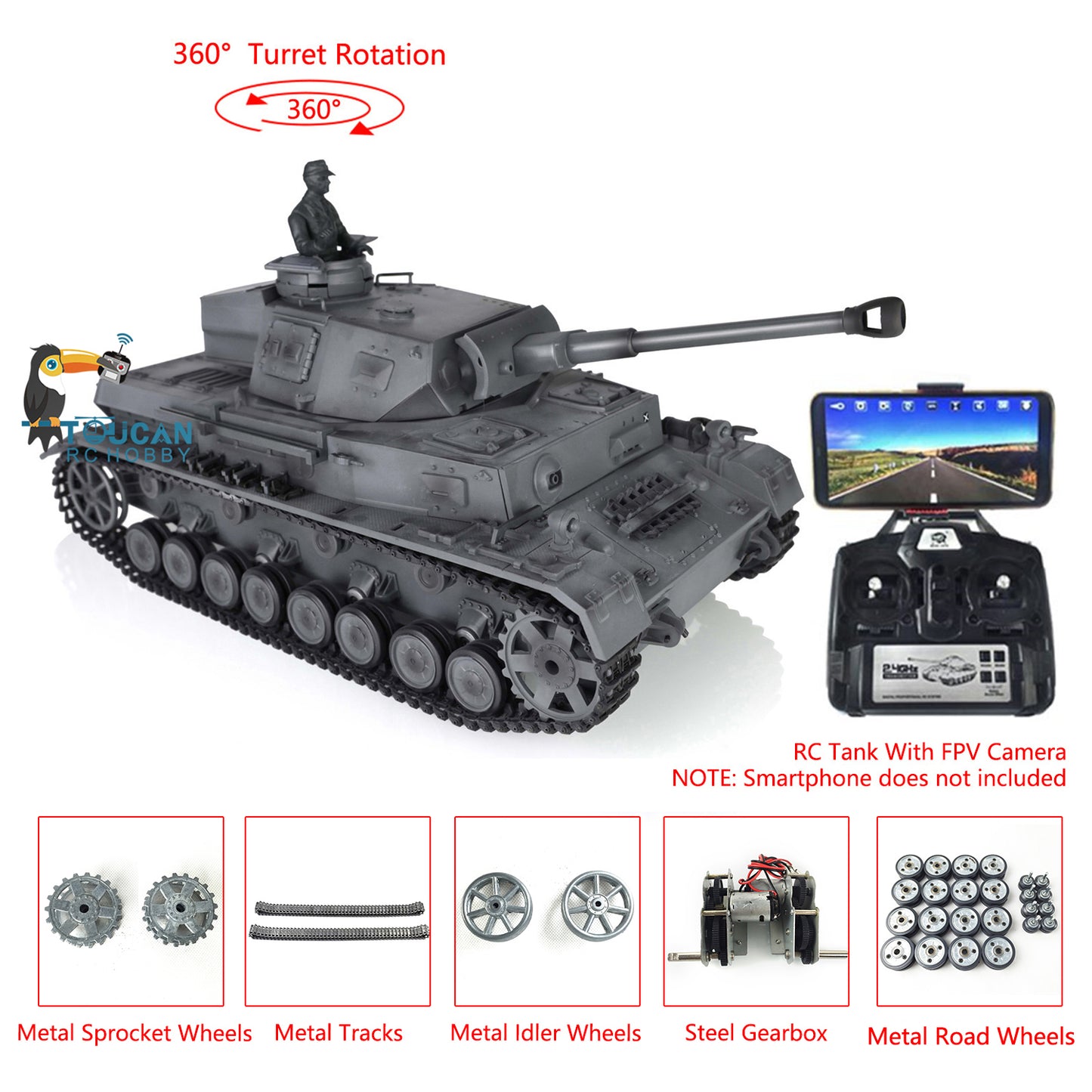 Henglong 1/16 7.0 Remote Control Tank 3859 Panzer IV F2 RC Tank w/ FPV Camera Metal Tracks Infrared Battle BB Shooting Smoking