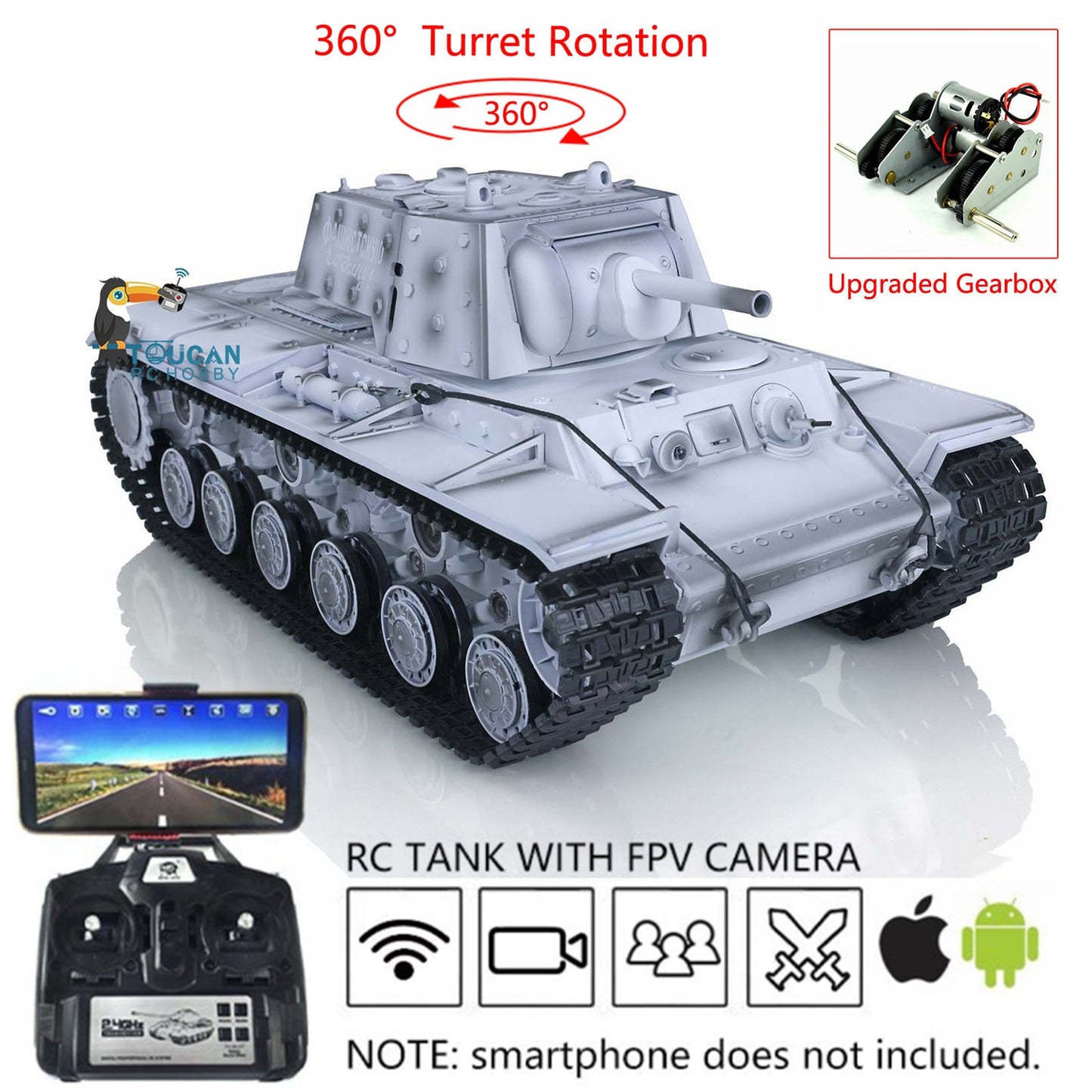 Henglong RC Tank 1/16 7.0 Plastic 3878 Soviet Union KV-1 w/ FPV 360Degrees Rotating Turret Steel Gearbox BB Shooting Sound Effect 2.4Ghz