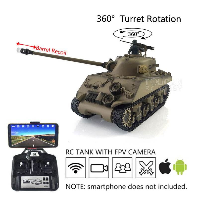 Henglong 1/16 Customized 7.0 M4A3 Sherman RC Tank 3898 w/ 360Degrees Rotating Turret FPV Barrel Recoil Metal Road Wheels Tracks Idler