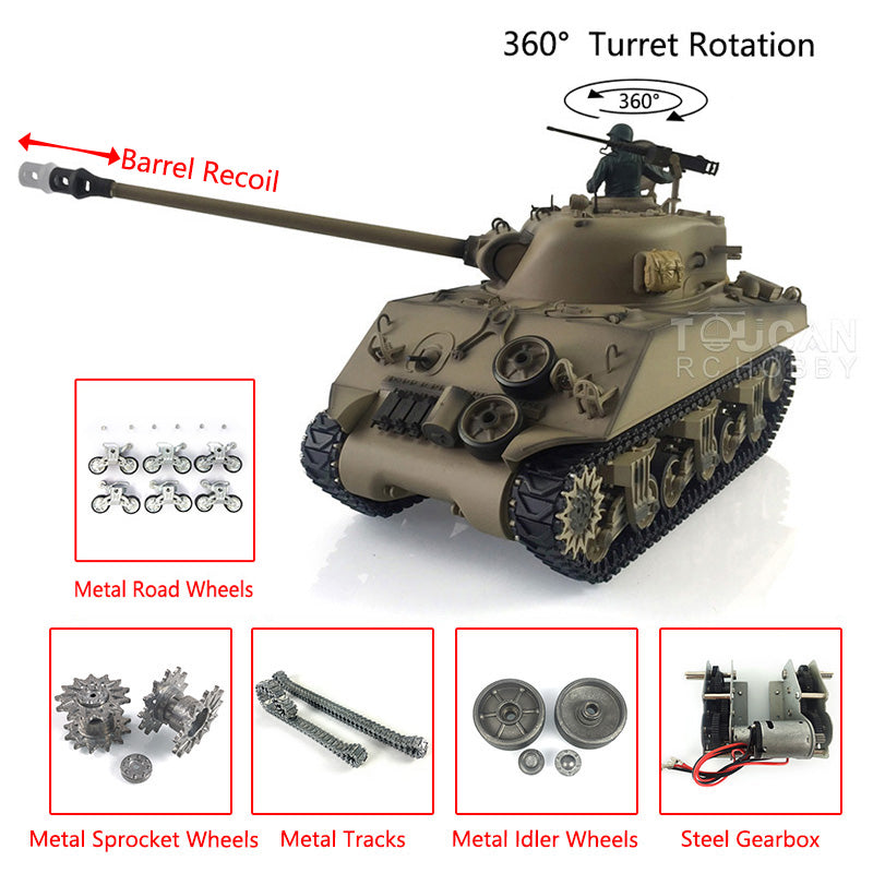 Henglong 1/16 Customized RC Tank 7.0 M4A3 Sherman Remote Control Tank 3898 Barrel Recoil 360Degrees Rotating Turret Metal Road Wheels