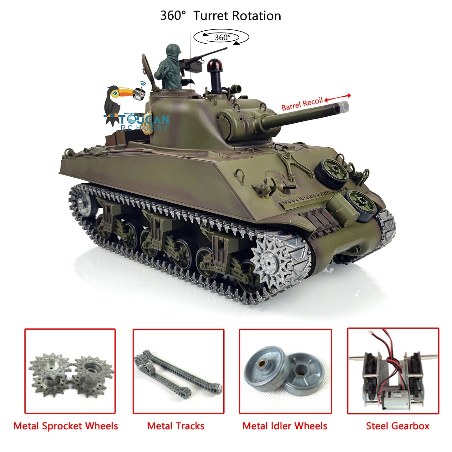 Henglong 1/16 7.0 Upgraded M4A3 Sherman Radio Control Tank 3898 Barrel Recoil 360Degrees Rotating Turret BB Shooting Sound Effect