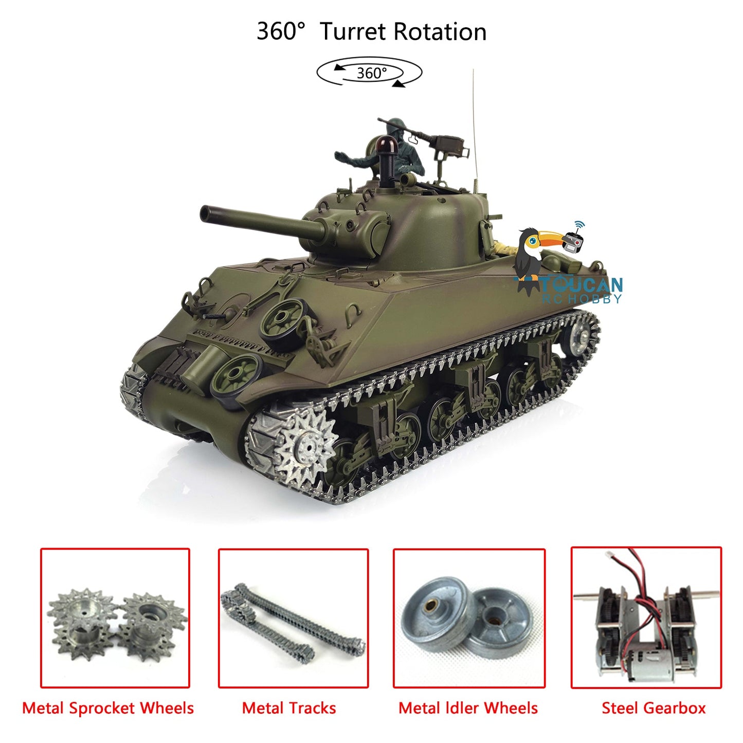 Henglong 1/16 Scale 7.0 Upgraded M4A3 Sherman Remote Control Tank 3898 W/ 360Degrees Rotating Turret Metal Tracks Idler Sproket Wheel