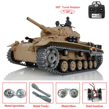 Henglong 1/16 Scale 7.0 Upgraded Panzer III H RTR RC Tank 3849 W/ 360 Degrees Turret Metal Tracks Barrel Gearbox