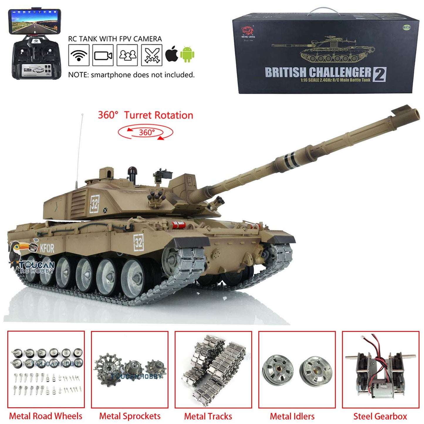 TOUCAN RC HOBBY Henglong 1/16 TK7.0 Customize 3908 Challenger II RTR RC Tank FPV 360 Degrees Turret IR BB Smoke Metal Tracks Road Drive Idler Wheels