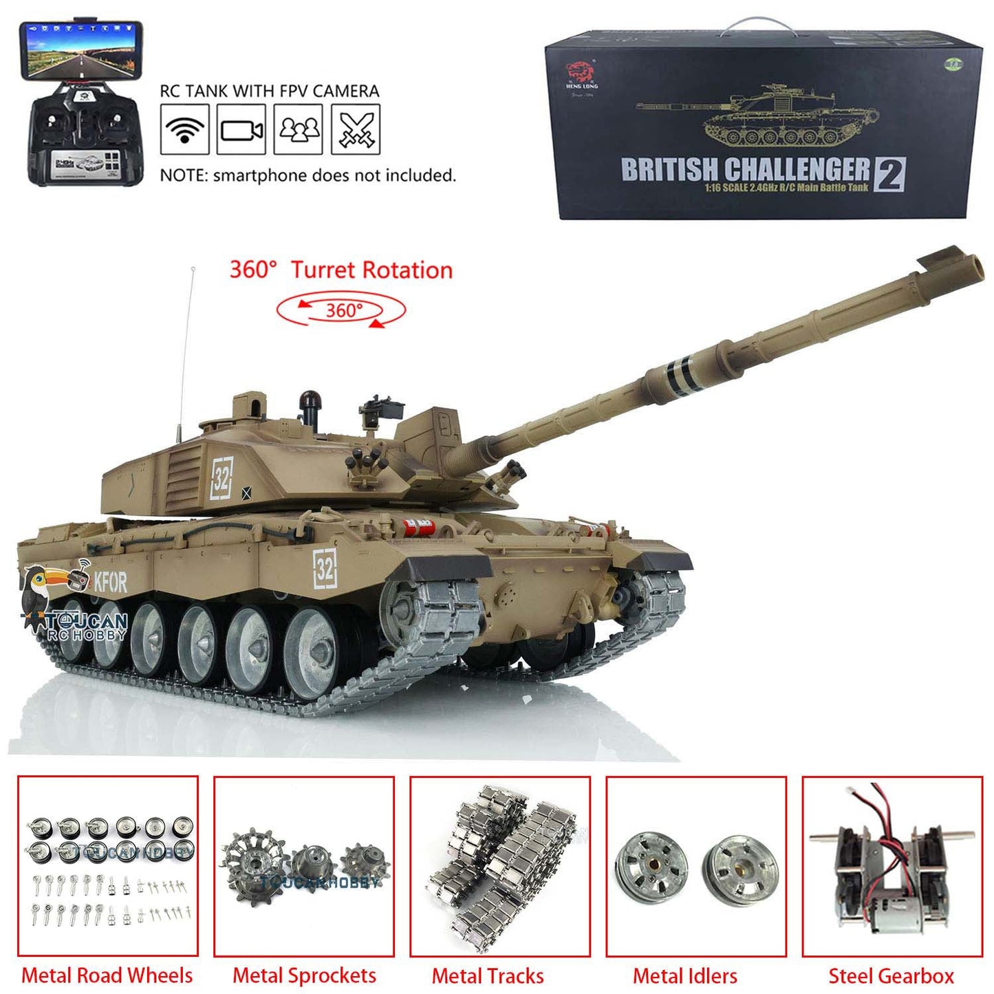 TOUCAN RC HOBBY Henglong 1/16 TK7.0 Customize 3908 Challenger II RTR RC Tank FPV 360 Degrees Turret IR BB Smoke Metal Tracks Road Drive Idler Wheels