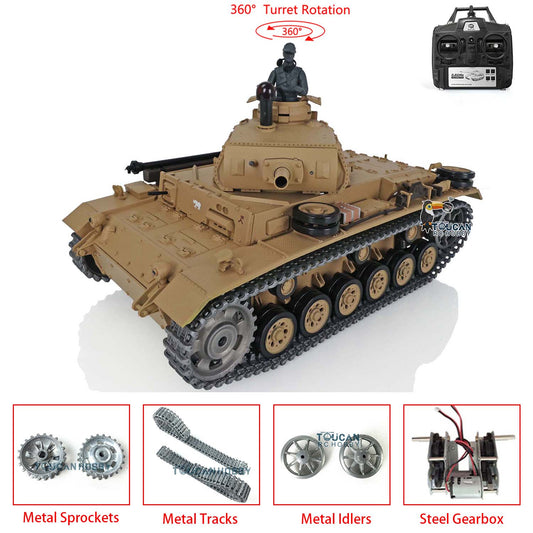 Henglong 1/16 Scale 7.0 Upgraded Panzer III H RTR RC Tank 3849 W/ 360 Degrees Turret Metal Tracks Barrel Gearbox
