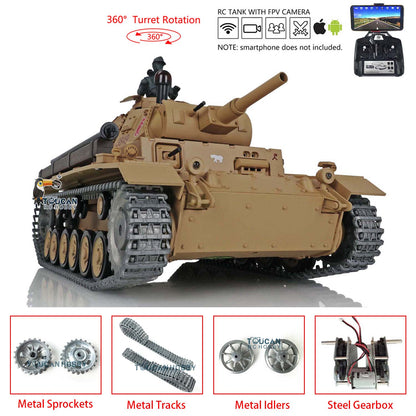 Henglong 1/16 Scale 7.0 Upgraded FPV Panzer III H RTR RC Tank 3849 360 Degrees Turret Metal Tracks Barrel Sprocket Wheels FPV