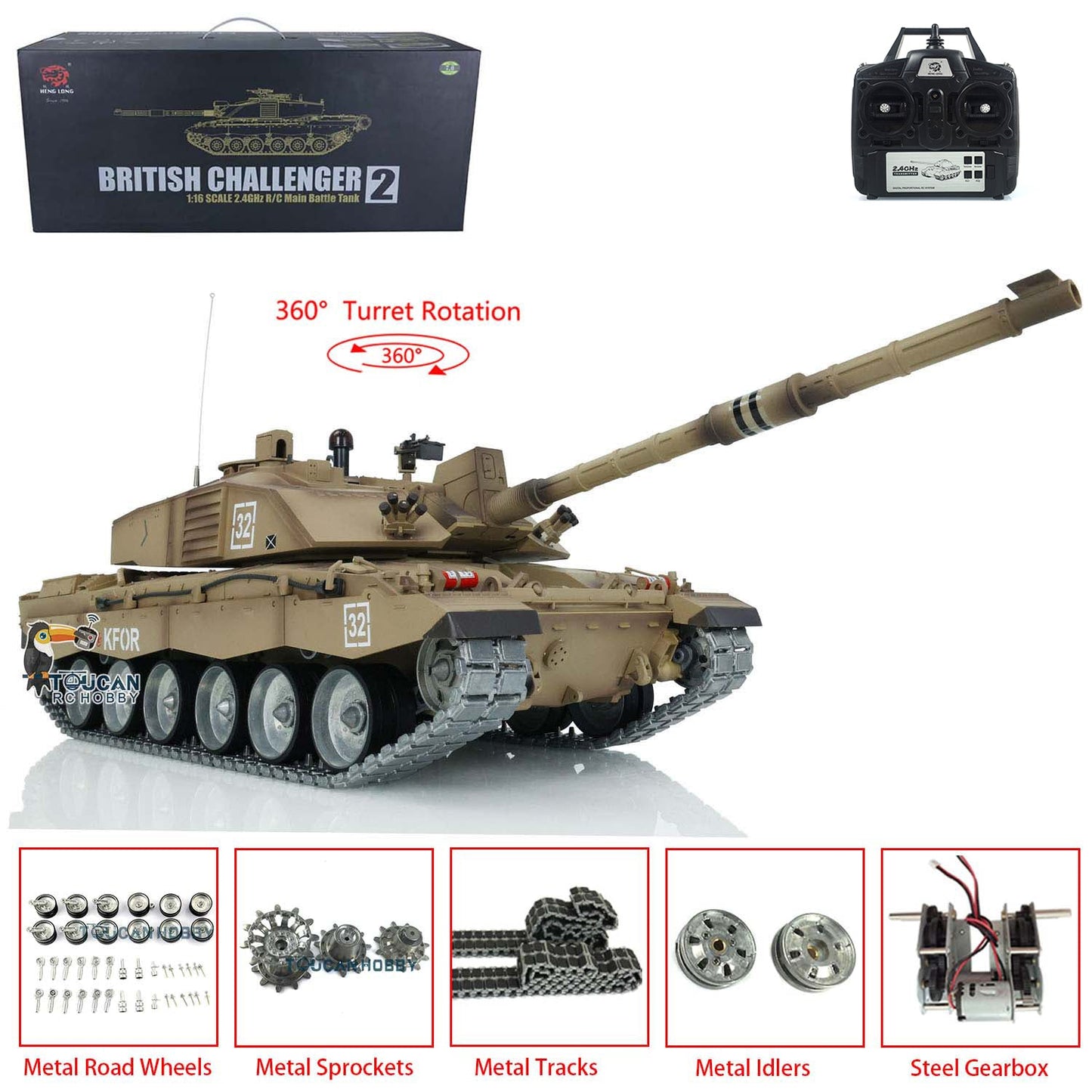 TOUCAN RC HOBBY Henglong 1/16 TK7.0 Professional British Challenger II 3908 RTR RC Tank 360 Degrees Turret IR BB Smoke Metal Sprockets Idlers Road Wheels Single Rubber Tracks