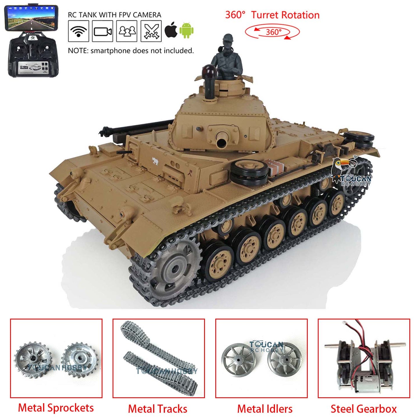 Henglong 1/16 Scale 7.0 Upgraded FPV Panzer III H RTR RC Tank 3849 360 Degrees Turret Metal Tracks Barrel Sprocket Wheels FPV